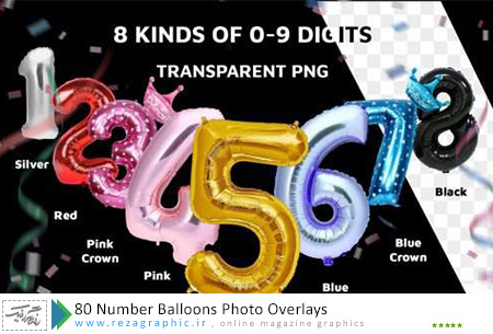 80 تصاویر و کلیپ آرت بالن عددی - 80 Number Balloons Photo Overlays